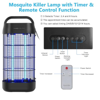 Elektrická lampa na komáry, EUQQZU 18W 1800V UV zabiják hmyzu s časovačem na dálkové ovládání, 80 m² IPX4 lampa na komáry, repel